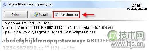 在 Windows 7 上安装字体快捷方式：勾选“use shortcut” -快享quickshare.com.cn