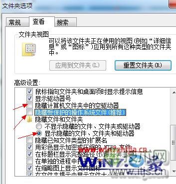 勾选“显示隐藏的文件、文件夹和驱动器”项